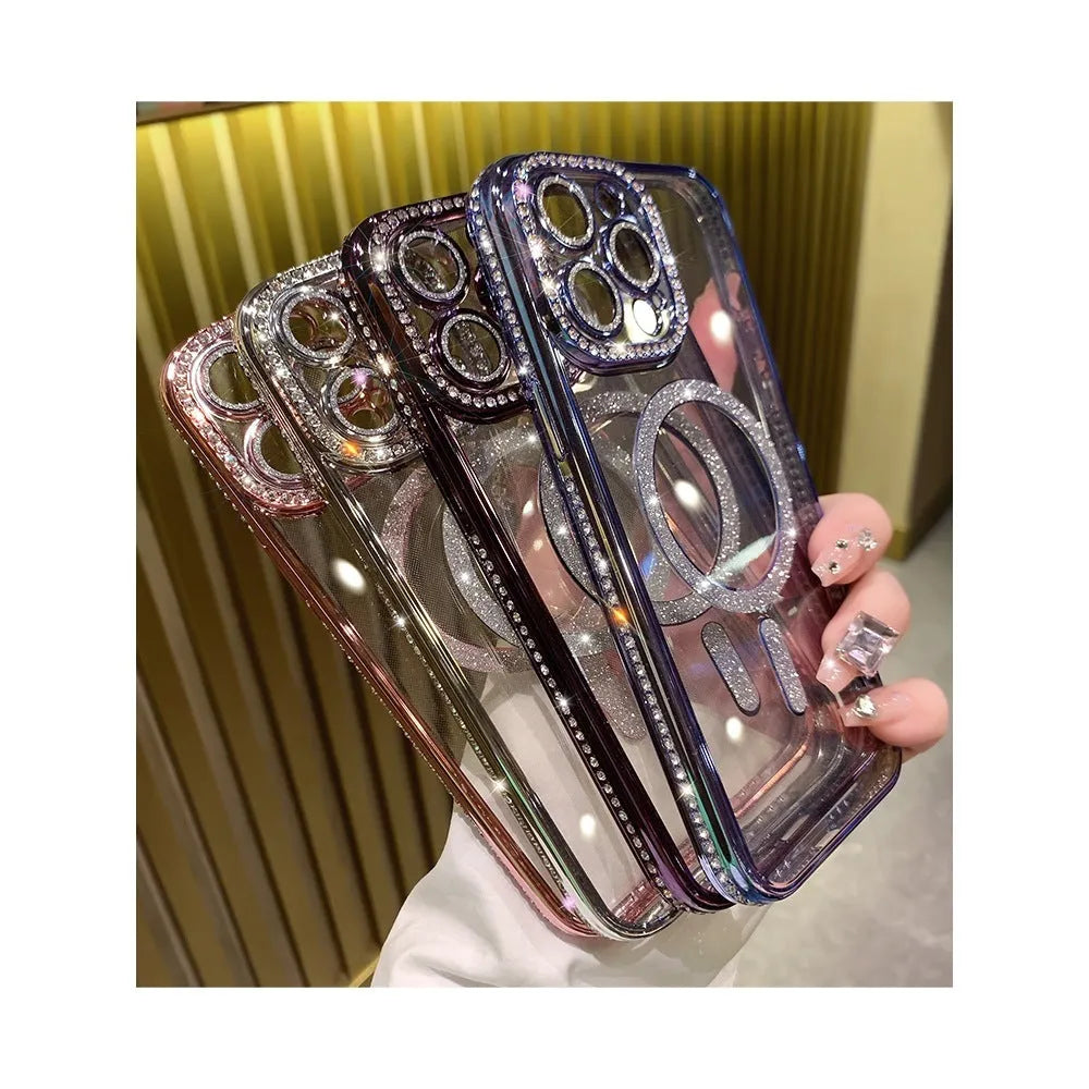 Wireless magnetic silicone phone case for iPhone in Deep Purple, Rose Gold, Space Silver, and Far Peak Blue.