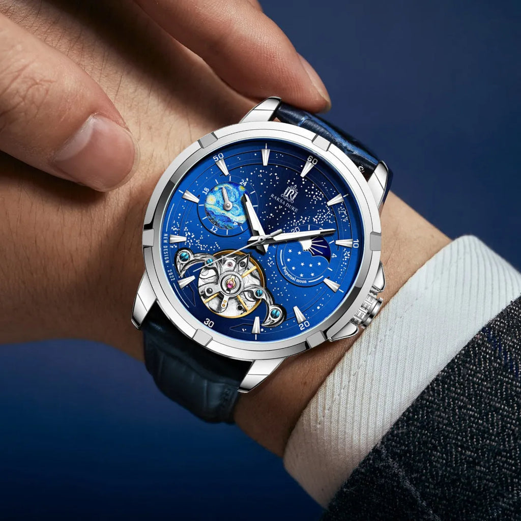 Men's blue automatic mechanical watch with 14mm case thickness showing T885B dial detail