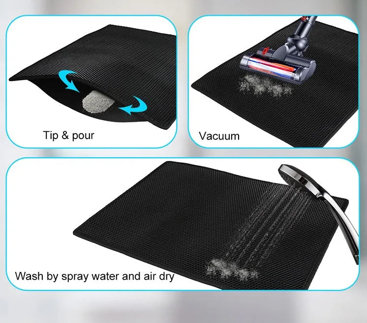 Honeycomb EVA cat litter mat in gray with waterproof base, sizes S M L, trapping litter from paws
