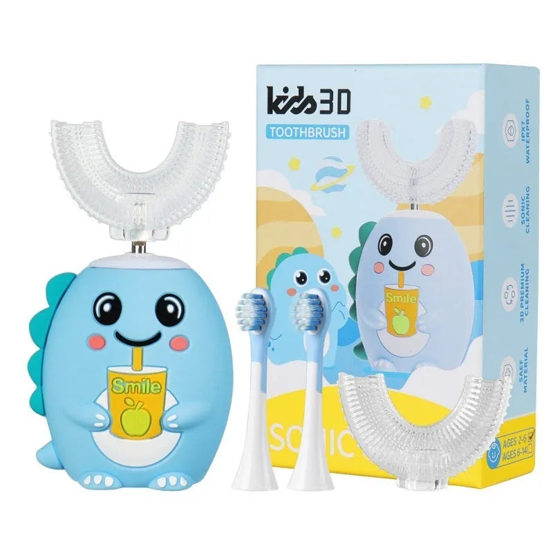 Children's cartoon dinosaur electric toothbrush with U-shaped silicone brush heads, straight handle brush heads, DC charger, in green, pink or blue