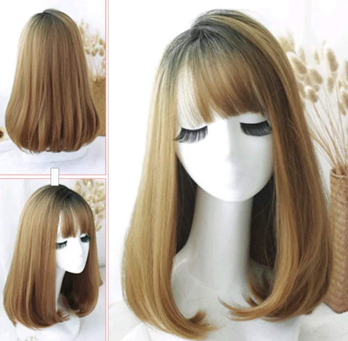 50cm long straight wig with air bangs in high temperature fibre, suitable for any skin tone