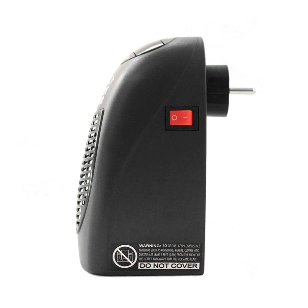 Black compact ceramic electric heater with digital display and rotating three-prong plug on a white background.