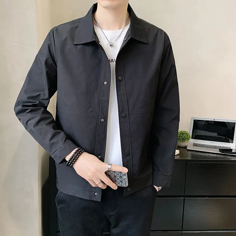 Men's thin single-layer Korean style jacket in a neutral colour on a hanger.