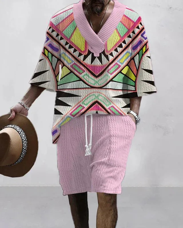 Loose casual short sleeve suit with matching shorts in polyester fabric