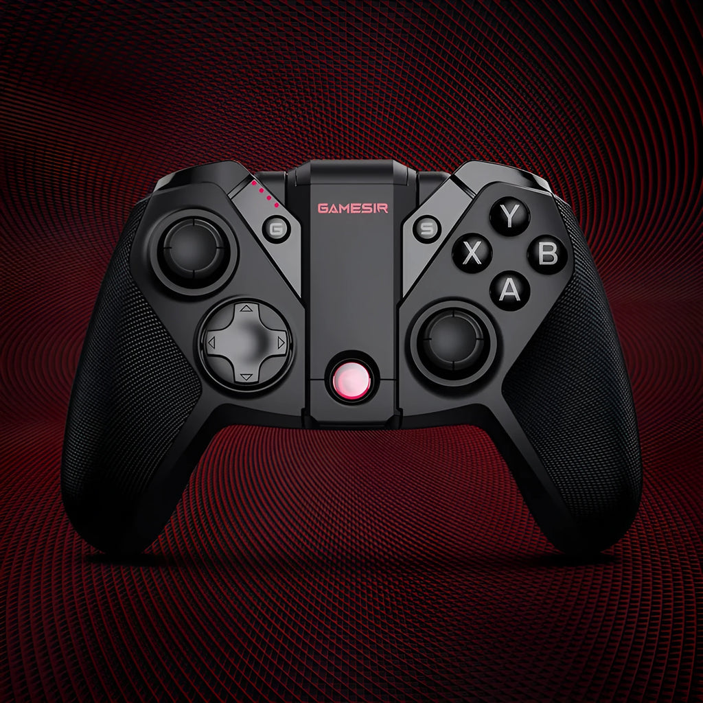 Black USB Type-C wired game controller for PC with vibration function on a grey surface.