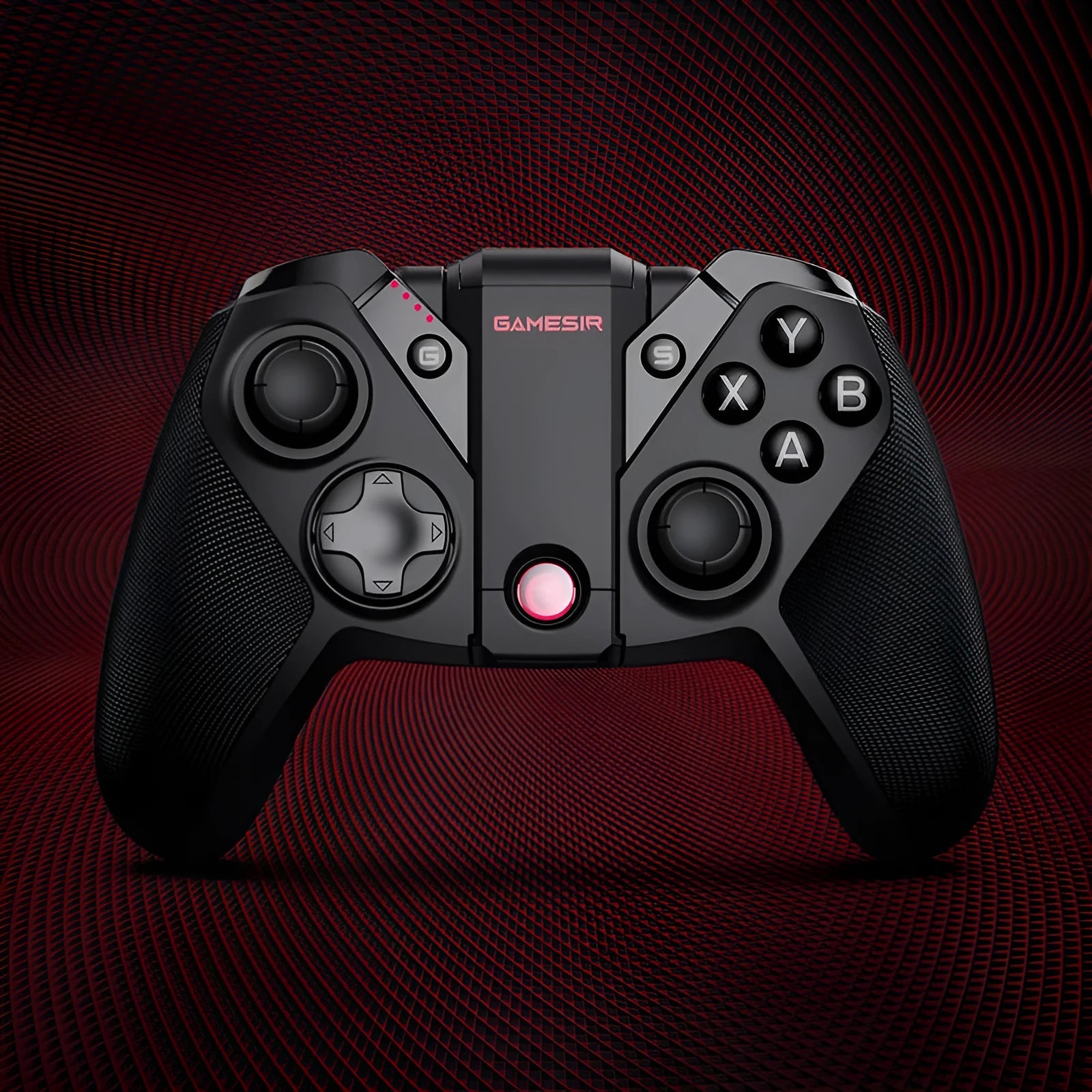 Black USB Type-C wired game controller for PC with vibration function on a grey surface.