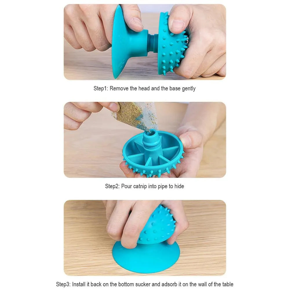 Wall-mounted cat self groomer in blue with brush head and catnip compartment for loose fur removal