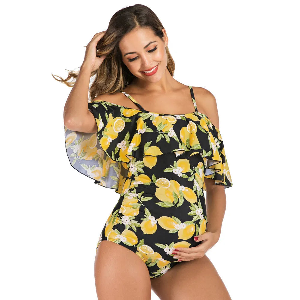 Ruffled one-piece maternity swimsuit in Lemon, nylon with 80% nylon content, sizes S to XXL