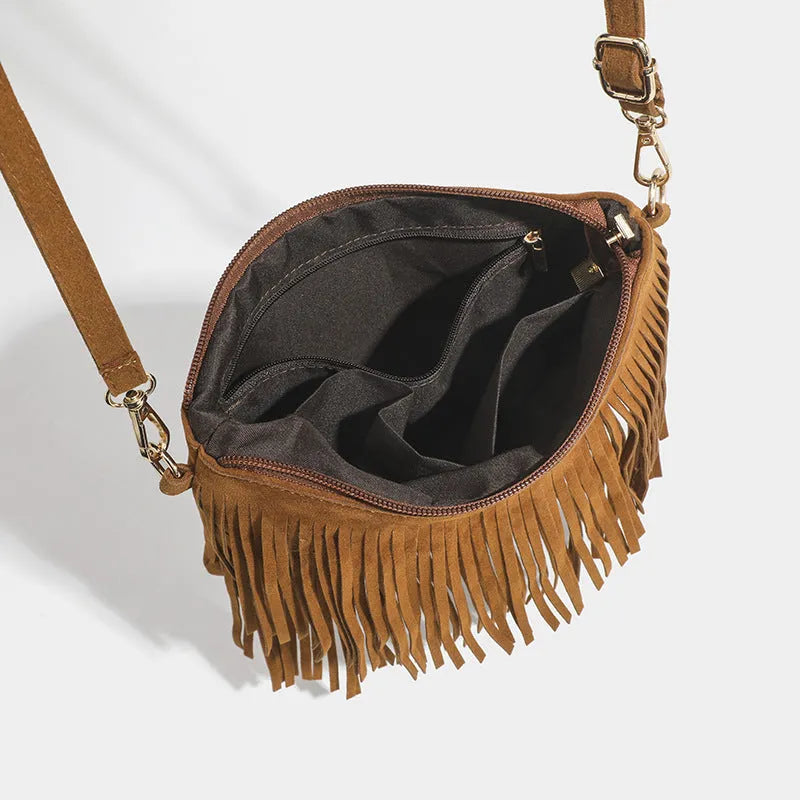 Matte brown women's messenger bag with tassel, horizontal square shape, single strap, 25cm sole length.