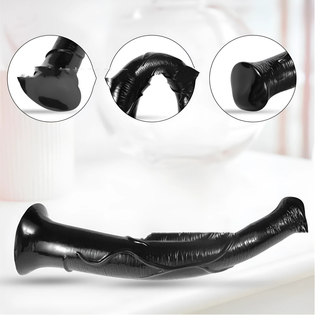 Horsewhip super long PVC adult toy in black flesh colour option with flexible shaft shown in side view