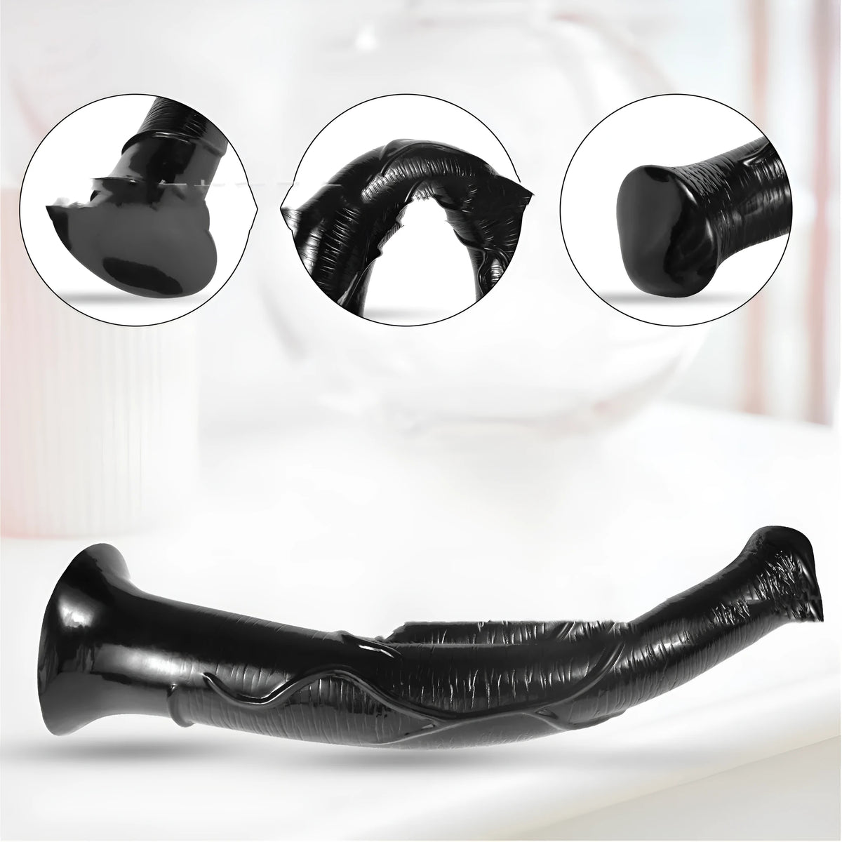 Horsewhip super long PVC adult toy in black flesh colour option with flexible shaft shown in side view