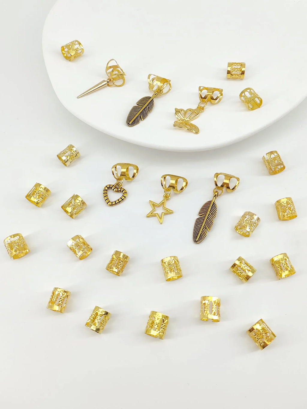 Electroplated dirty braid hair rings with antique leaves design in gold or silver finish