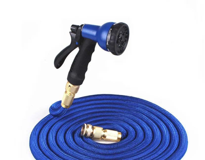 Expandable flexible water hose with braided outer sleeve, available in 25ft to 125ft sizes and Black Green Red colours.