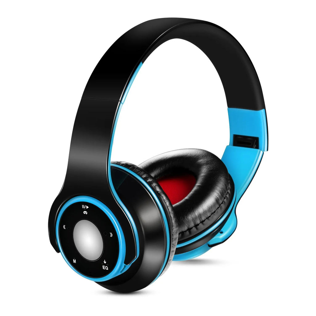 A foldable wireless Bluetooth over-ear headset in blue, showing adjustable hinges and ear cups.