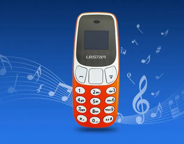 Miniature blue thumb phone with 0.66-inch OLED display, 68mm length, and keypad for dual SIM calling