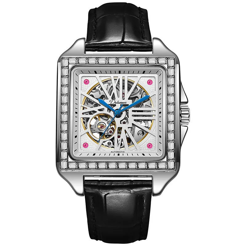 Men's square automatic watch with diamond studs on case, available in black or white with leather or steel strap.