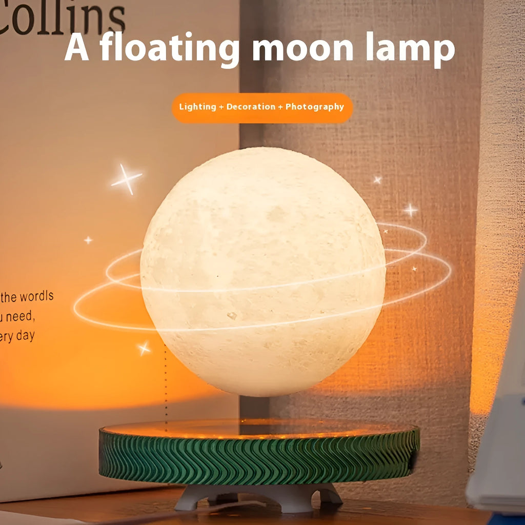 Magnetic suspension 3D printed moon night lamp on a desk with USB cable.