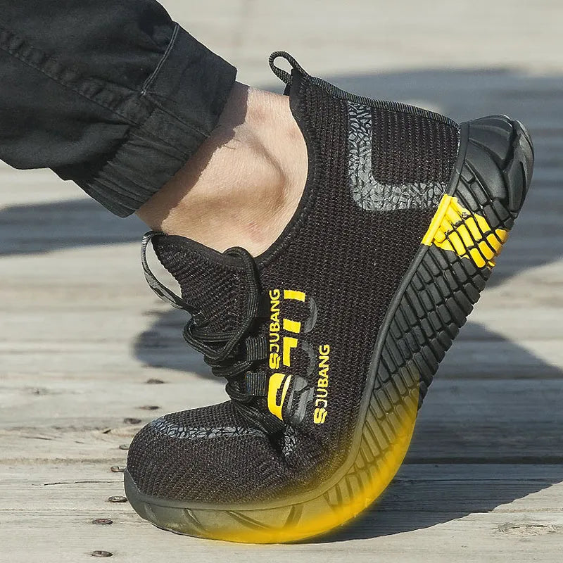 Men's fly textured anti-puncture work shoes in black and yellow, sizes 37 to 45
