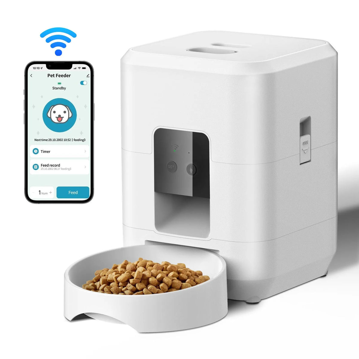 Automatic cat feeder with timer display and food container in white or black colour options