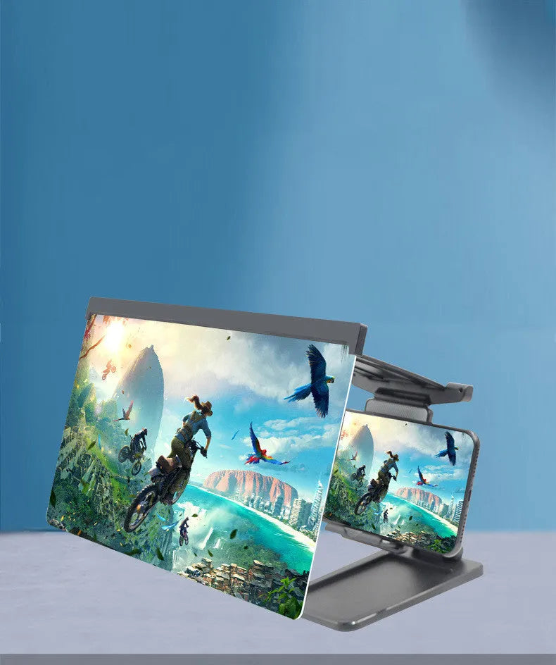 Black folding mobile phone screen magnifier with detachable holder next to an iPhone