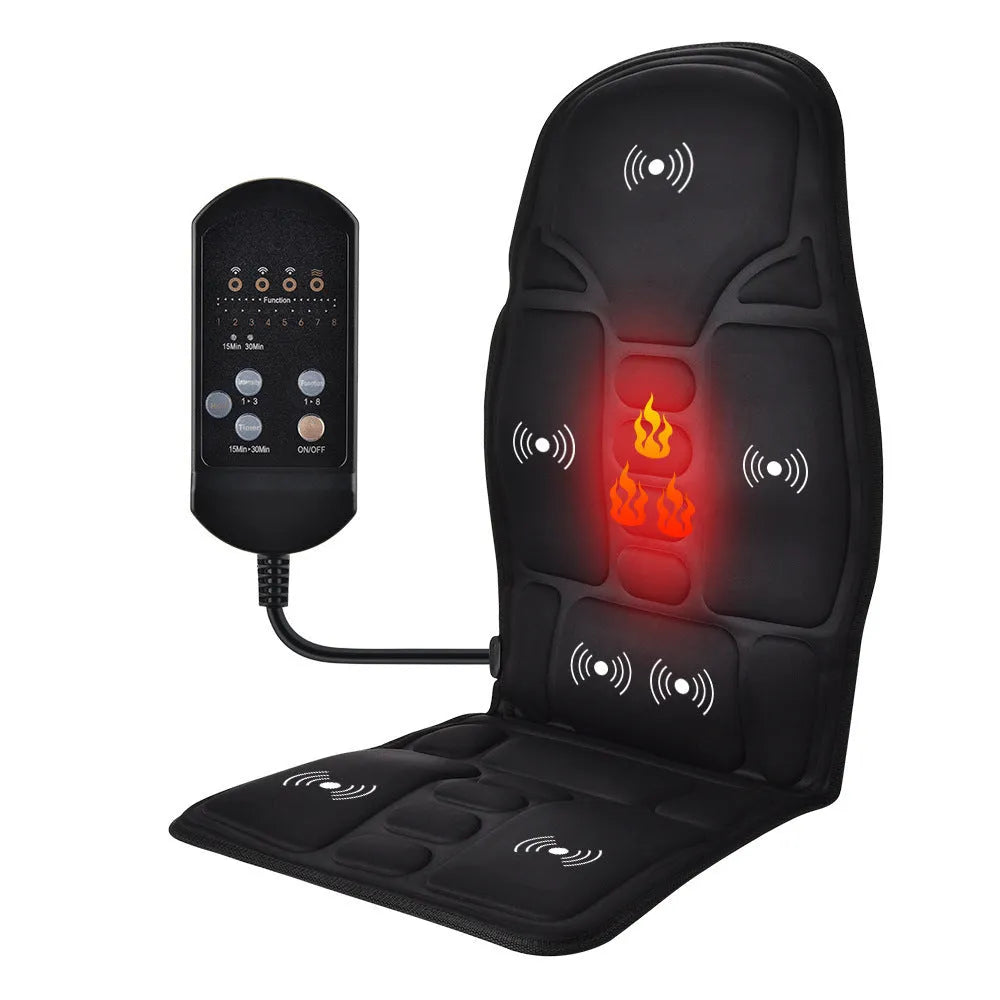Black AC-powered cervical kneading massager with wireless remote control on flat surface