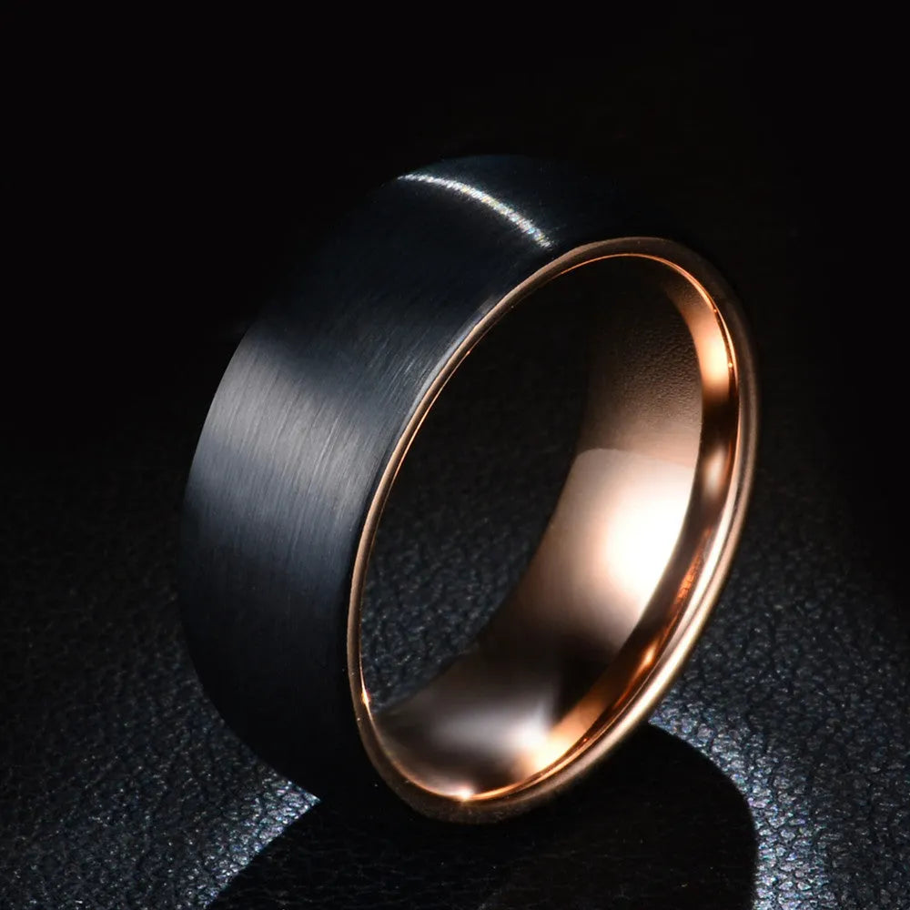8mm black and rose gold stainless steel men's ring, US sizes 7-12, 9.5g