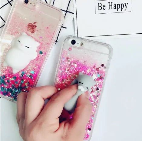 Four colourful glitter phone cases for iPhone featuring different cat designs.