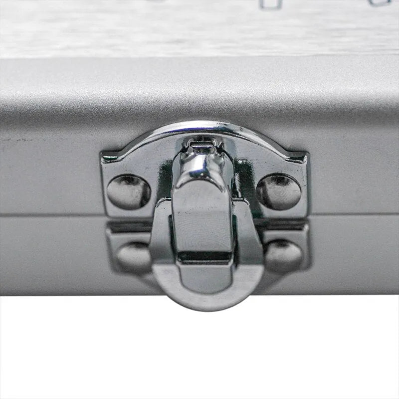 Silver aluminium storage box for soldering iron with dimensions 154mm by 147mm by 36mm