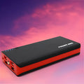 Red 20000mAh portable power bank with fast charging, showing front view with dimensions 145mm by 68mm.