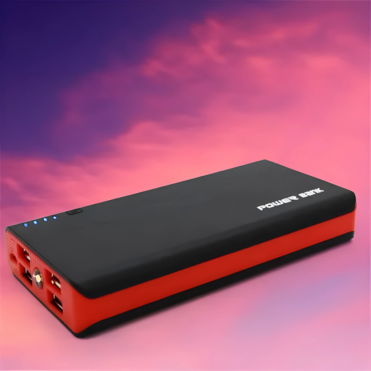 Red 20000mAh portable power bank with fast charging, showing front view with dimensions 145mm by 68mm.