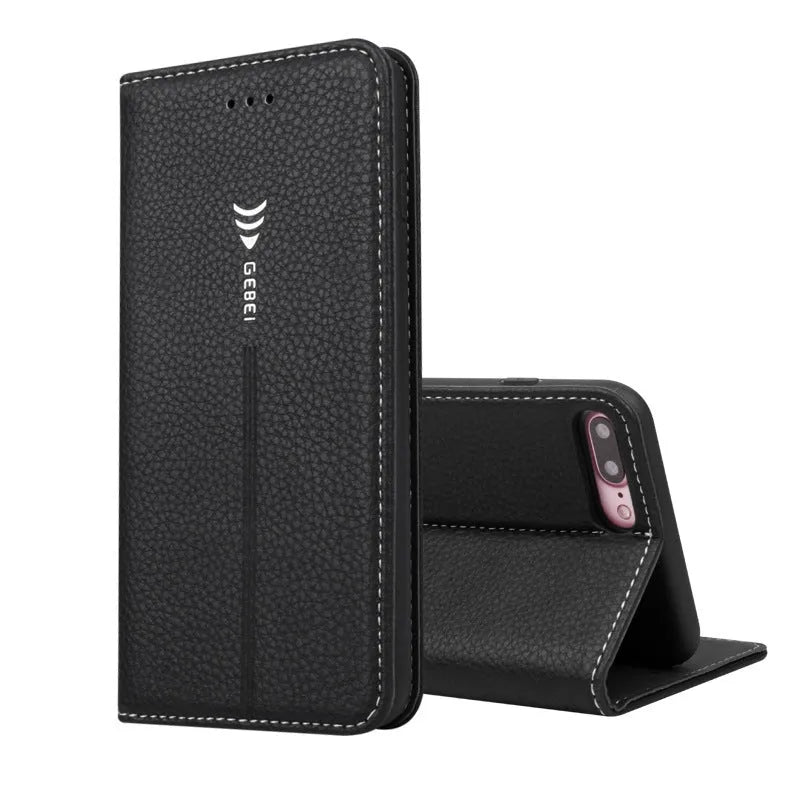 PU leather wallet phone case for iPhone with card slots in black, blue, brown, khaki, and pink colours.
