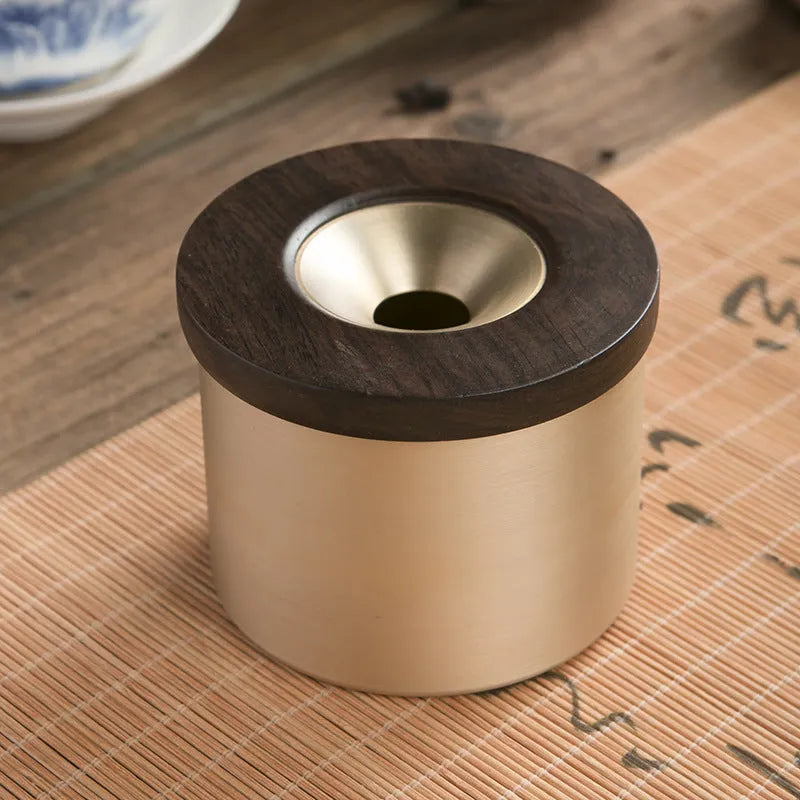 Brass retro ashtray with a wooden lid, available in black or rosewood finish.