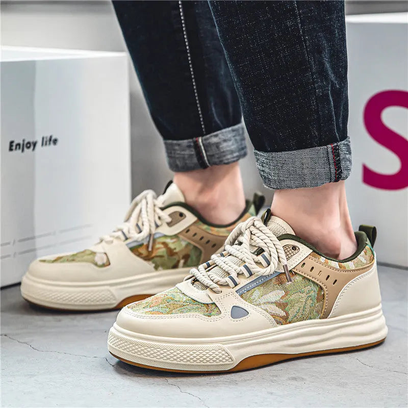 Men's beige and green canvas flat casual shoes with round toe.