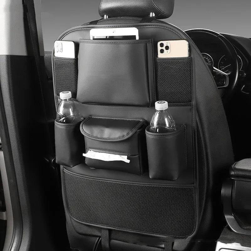 Leather car seat back storage bag in colour options of black, grey, green, and brown for hanging vehicle organisation.