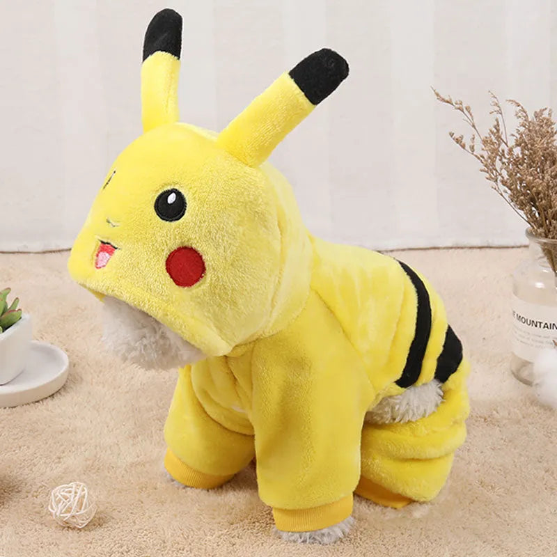 A small dog or cat wearing a soft fleece hoodie coat in a cosplay style.