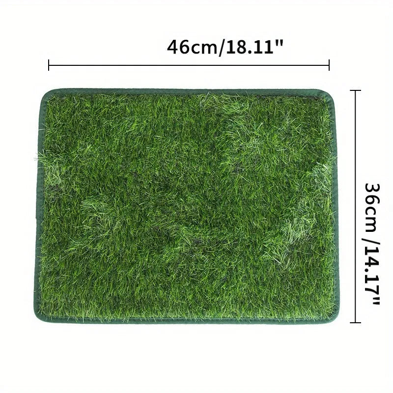 Artificial grass dog toilet training mat with drainage holes and rubber backing in three size options.