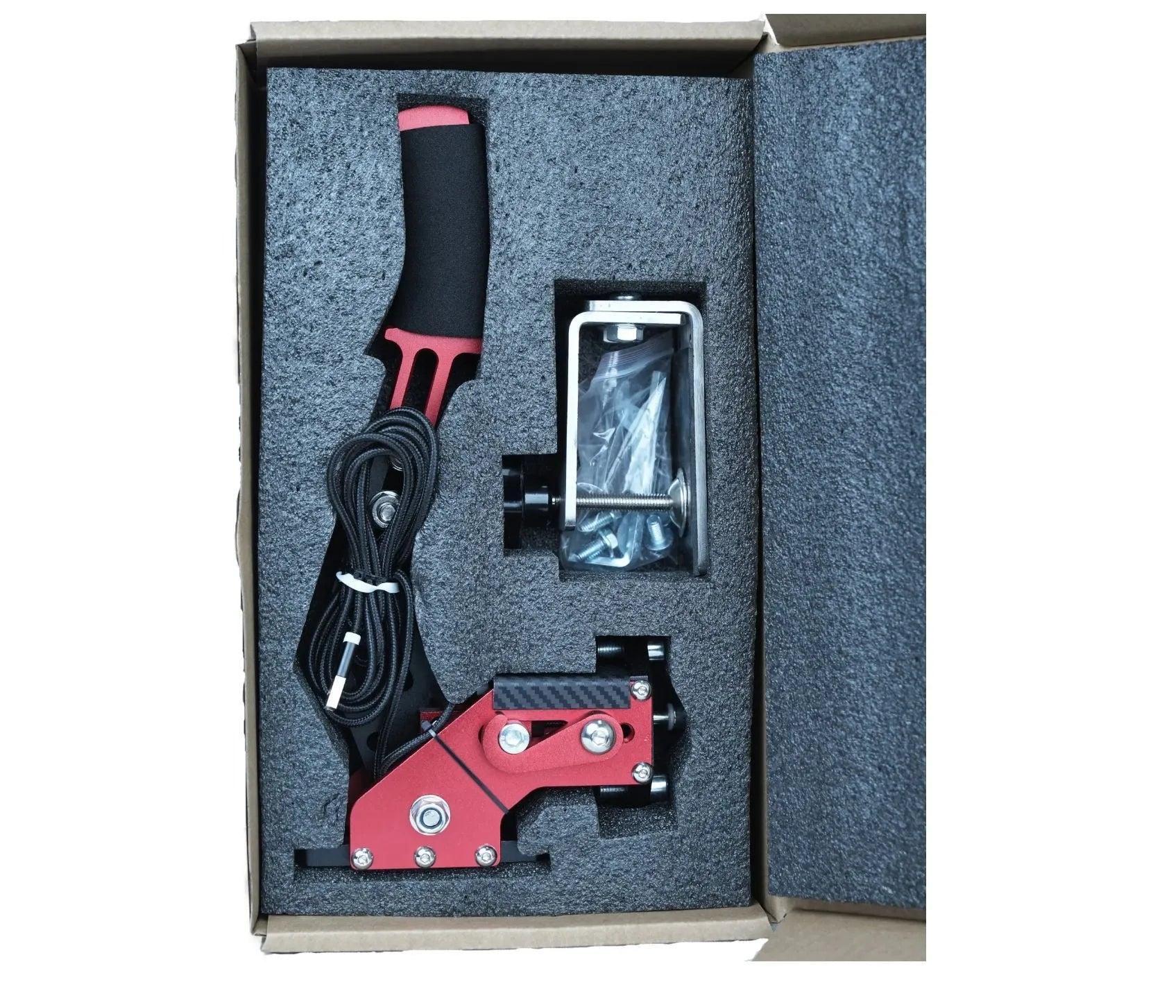 Aluminum and stainless steel linear handbrake with clamp for racing simulators compatible with G29 and T300RS