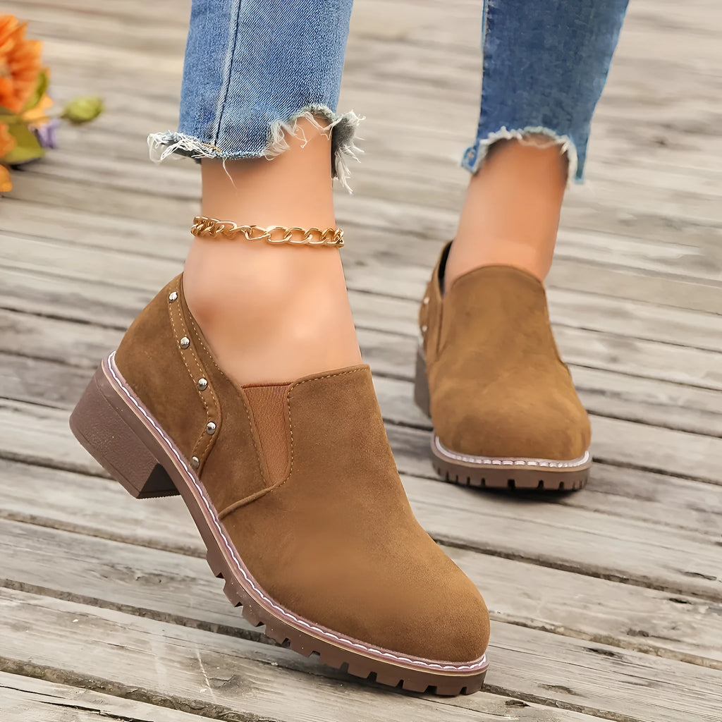 Women's plus size suede ankle boots with low heel and elastic band in light brown