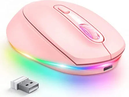 Lightweight 24g wireless rechargeable mouse in multiple colours next to its USB charging cable
