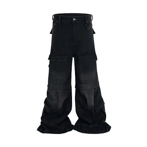 Detachable washed-out cotton overalls with multiple pockets in mid-waist style for teenagers