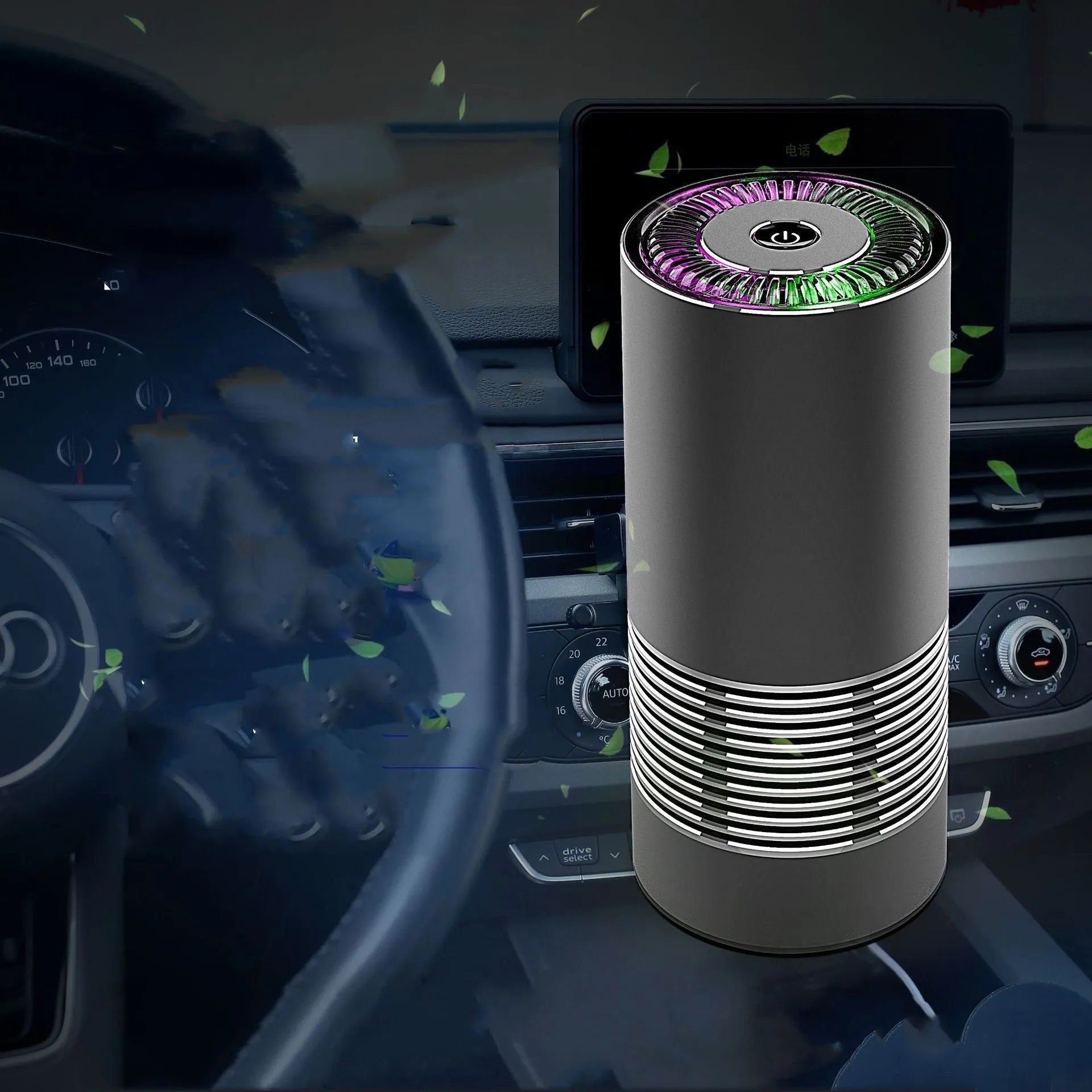 Black aluminium alloy car air purifier with USB cable on a car dashboard