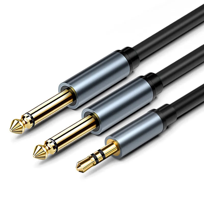3.5mm to 6.35mm stereo audio cable with black PVC jacket and gold-plated male connectors.