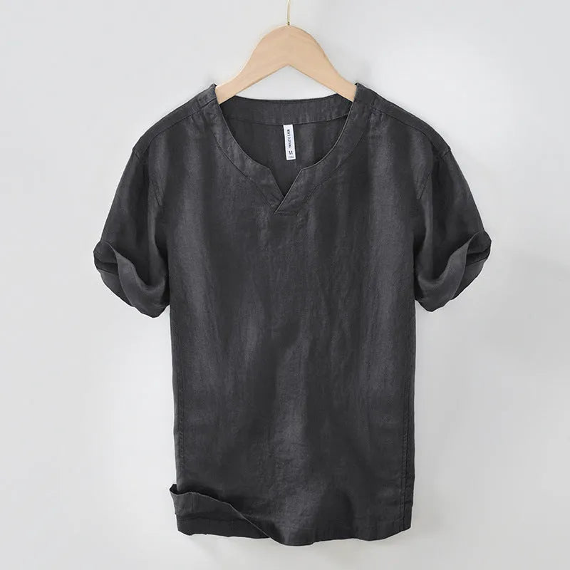 Personalized simple casual linen T-shirt top in brown, green, dark gray, khaki, or white, short sleeve, sizes M to 3XL