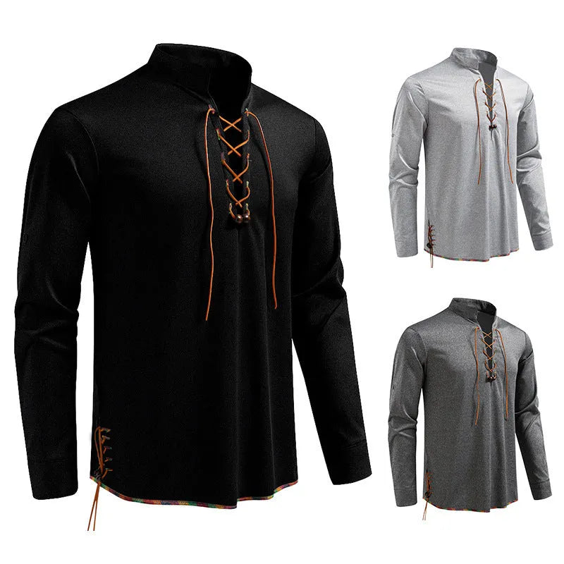 Men's stand-up collar long sleeve T-shirt with drawstring, slim fit pullover in light gray, dark gray, or black