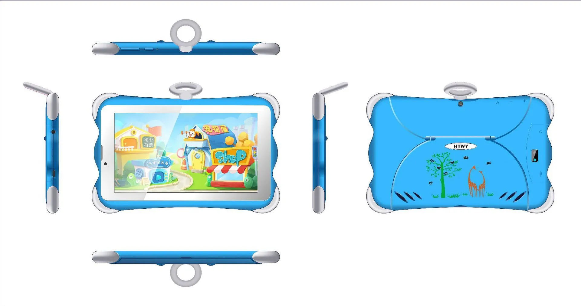7-inch children's learning tablet in cartoon colours with stand showing 3G calling functionality