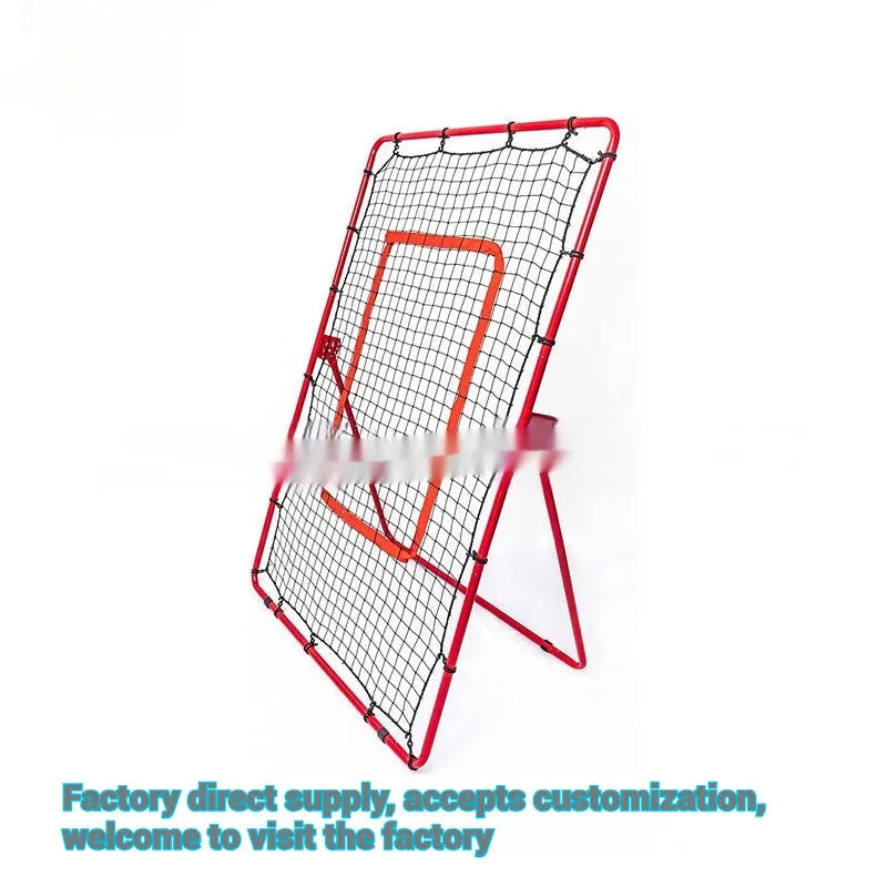 Red portable baseball training net with metal frame set up in outdoor practice area