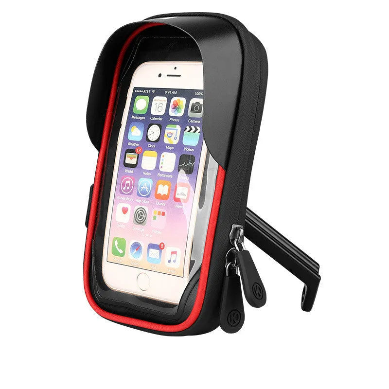 Black TPU mobile phone stand mounted on a bicycle handlebar, showing waterproof zipper.