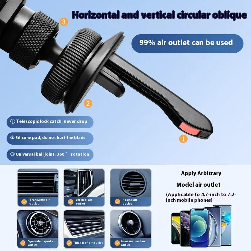 Universal anti-shake alloy car gravity bracket for air outlet, shown in black, grey, or silver