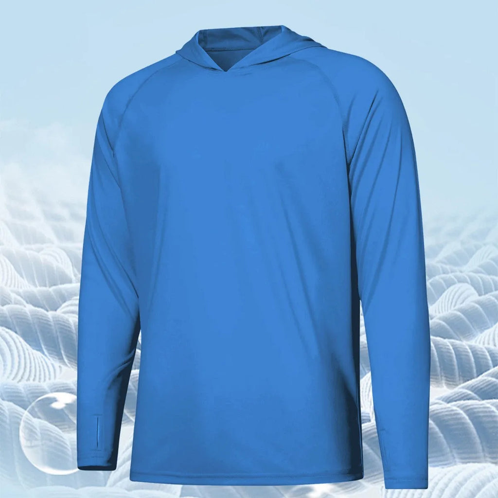Thin polyester outdoor hooded long sleeve top for UV protection during fishing and hiking