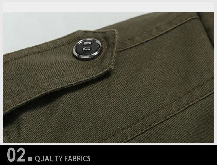 Men's winter bomber jacket in khaki, green or black, 100% cotton outer, polyester lining, long sleeve, badge detail, sizes M to 6XL.